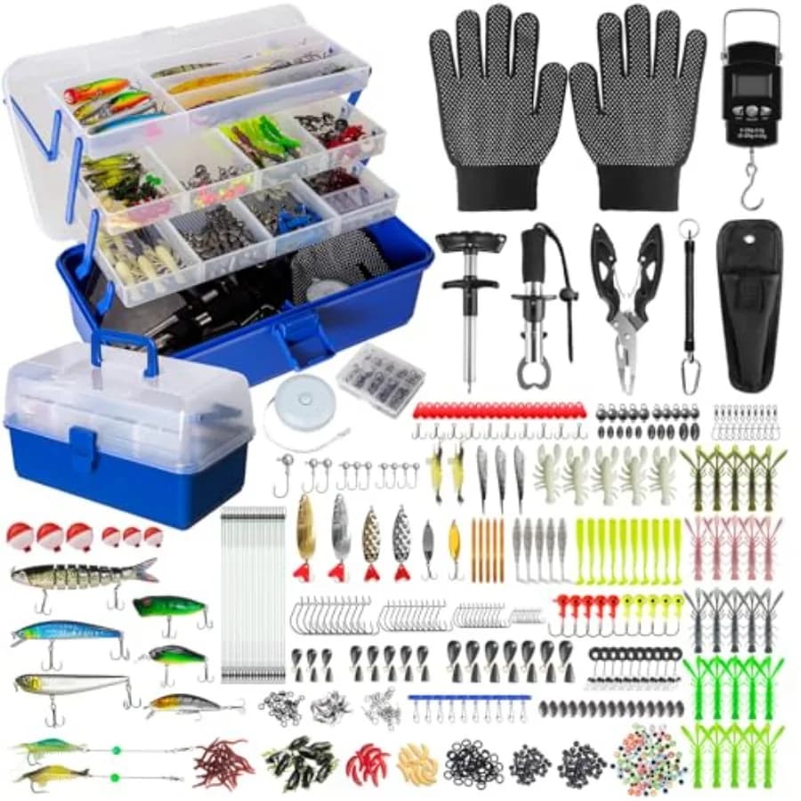 Scatola per Attrezzatura da Pesca a 4 Livelli con 617 Pezzi, Kit di Esche, Righello, Guanti, Attrezzi, Ami e Accessori per Acqua Dolce