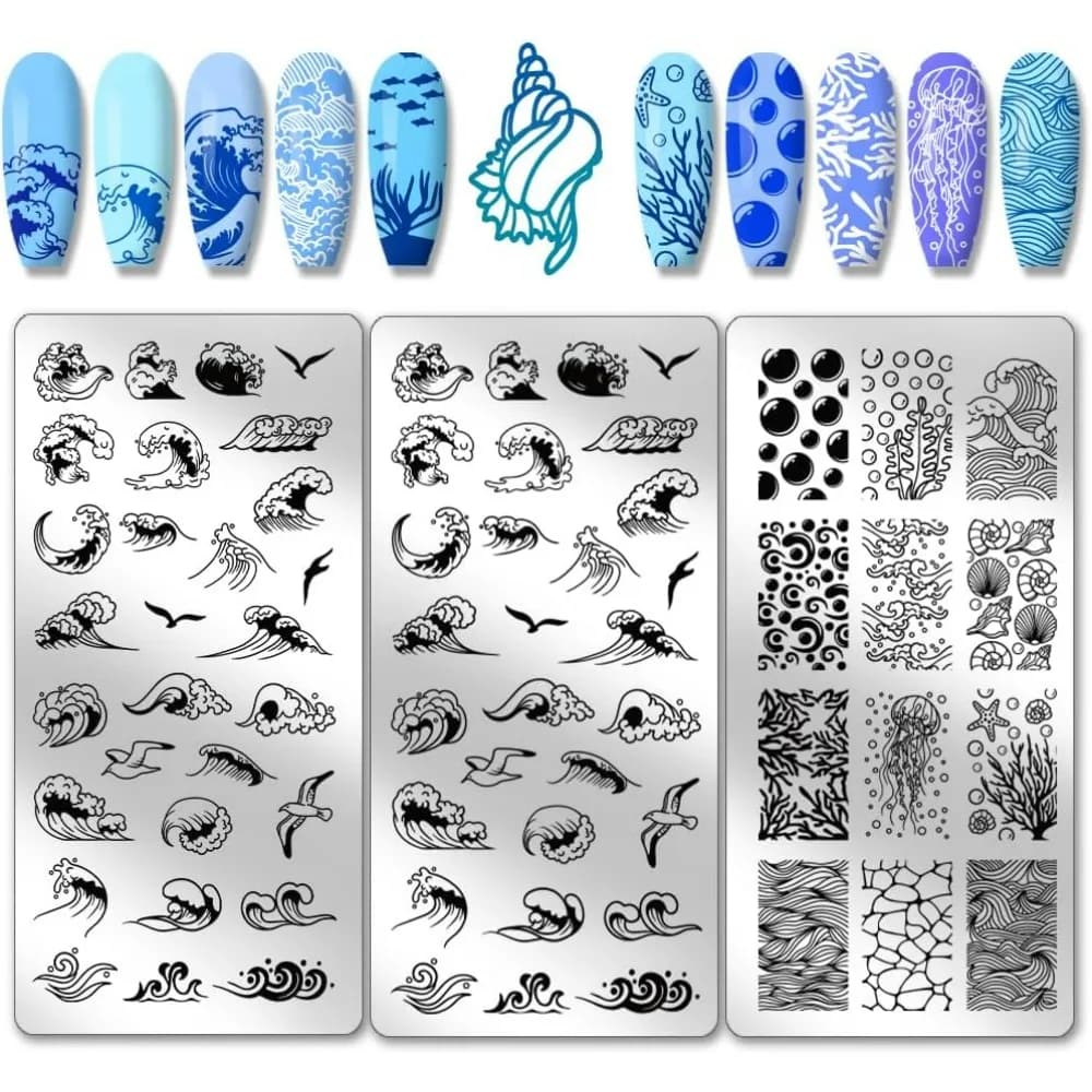 3pcs Waves Nail Art Templates 62 Patterns Bubbles Stamping Plate Ocean Sea Waves Stencils Stainless Steel