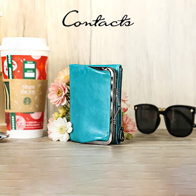 Portafoglio in Vera Pelle CONTACT'S per Donna, Porta Carte e Foto con Blocco RFID, Borsa Porta Soldi, Regalo da Viaggio, Portamonete Quotidiano