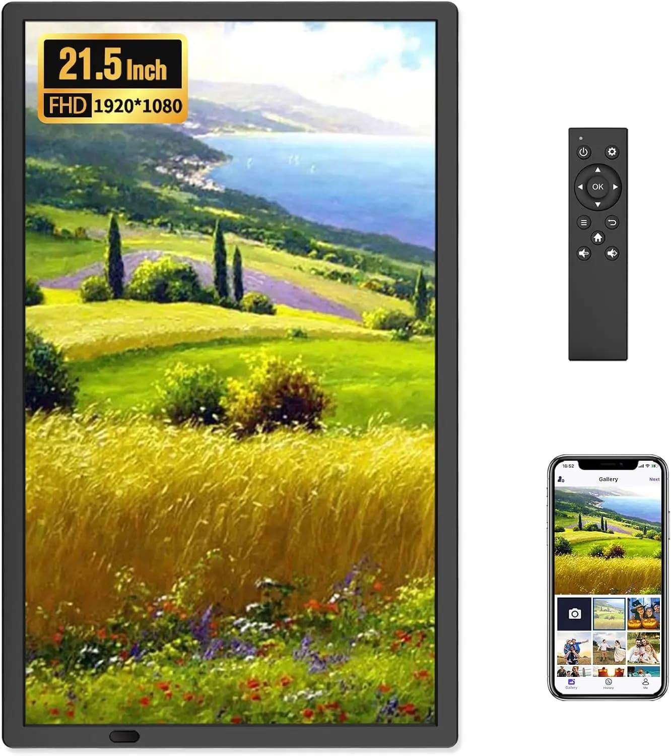 Torvani Store FANGOR 21.5" Large Digital Picture Frame 64GB, WiFi Photo Frame 1920x1080 FHD IPS Display with Remote Control, Auto-Rotate, Wall Mounted, Share Photos/Videos Via Uhale App/USB/SD (No Touch Screen)