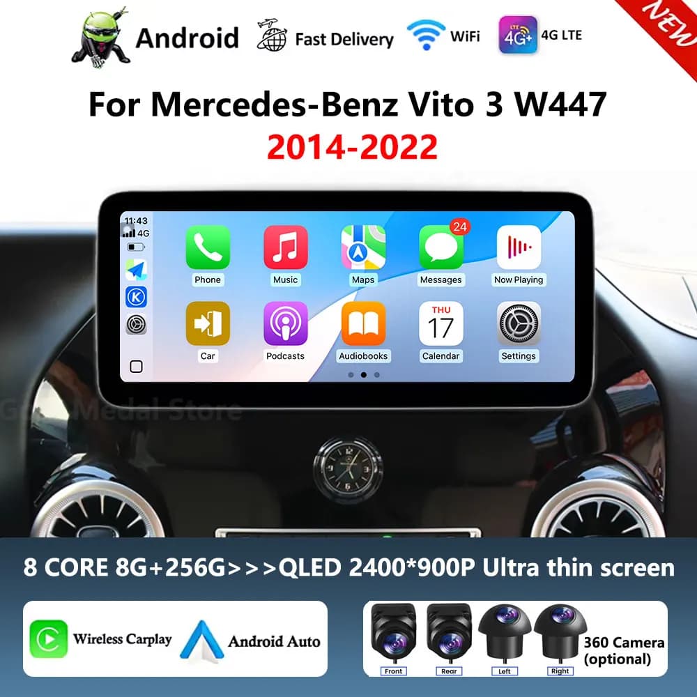 Autoradio Android 16 da 12.3 Pollici 4G per Mercedes Benz Vito W447 2014-2021, Stereo Multimediale con GPS, Schermo IPS, BT, WF