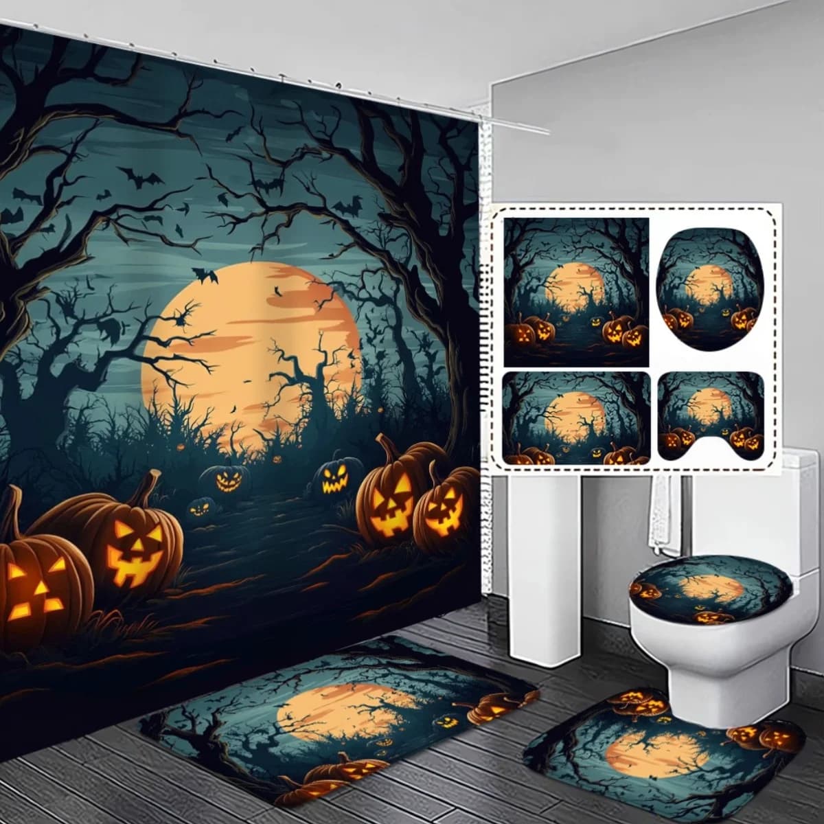 Set di tende da doccia per decorazioni per il bagno, regalo magico di Halloween, 4 pezzi, con tappetini antiscivolo per soggiorno, tessuto arancione nero