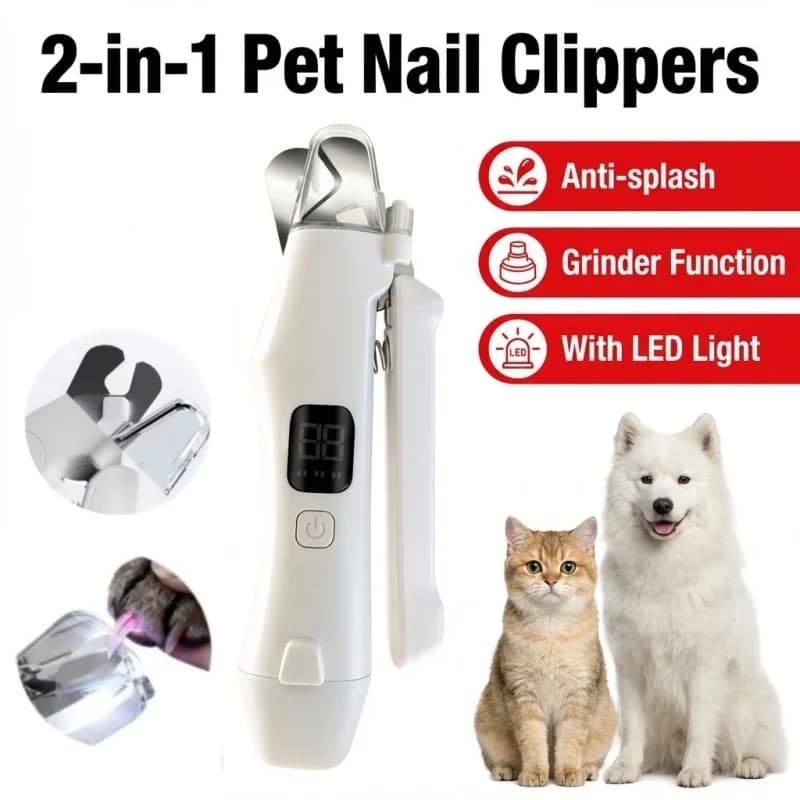Tagliaunghie e Lima per Unghie 2-in-1 per Animali Domestici con Luce LED, Anti-Schizzo, Ricaricabile, Strumento Elettrico per la Cura delle Unghie di Cani e Gatti