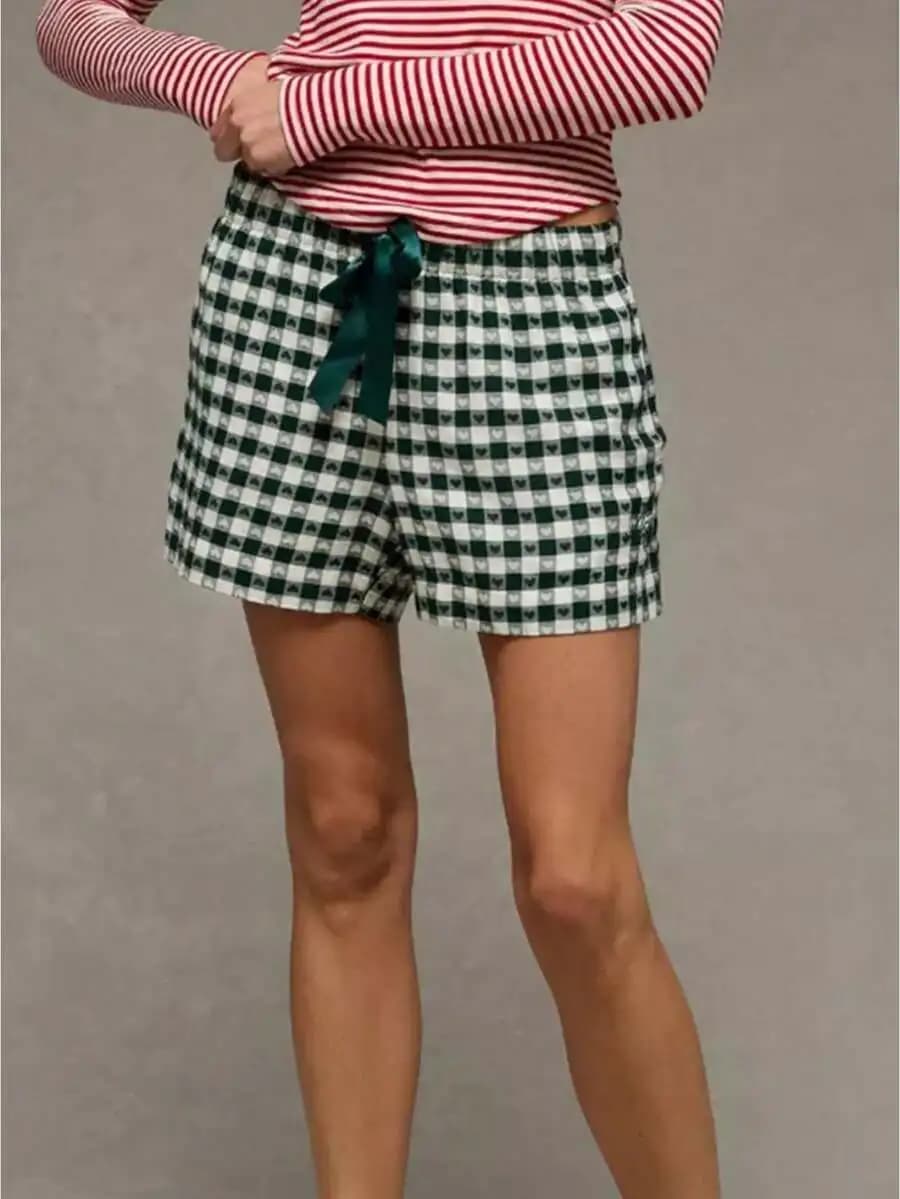Pantaloncini da donna con stampa a quadretti a cuore, vita elasticizzata, con laccio frontale, gamba larga, per pigiama e abbigliamento da notte