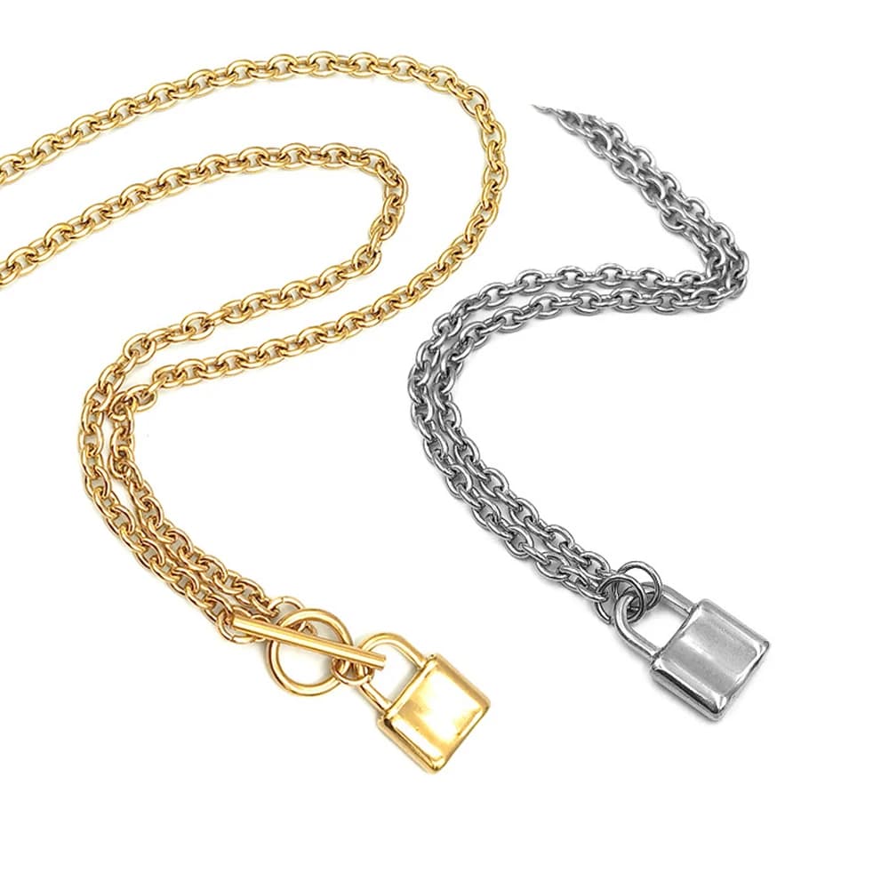 Collane a catena con lucchetto placcato oro 14 carati, collana con pendente OT a forma di lucchetto in acciaio inossidabile, collana girocollo punk con lucchetto per donna uomo