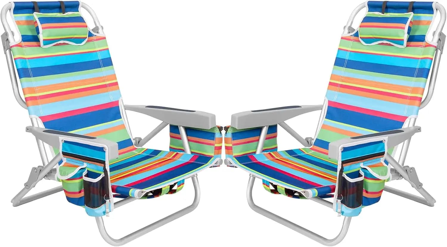 2Pk Aluminum Extra Wide 5-Position Lay Flat Folding Backpack Beach Chairs for Adults, with Cooler Bag, Cup&Phone Holder, Towel Bar for Outdoor Lawn Picnic Sport, Portable Camping Chairs, Multi Stripes