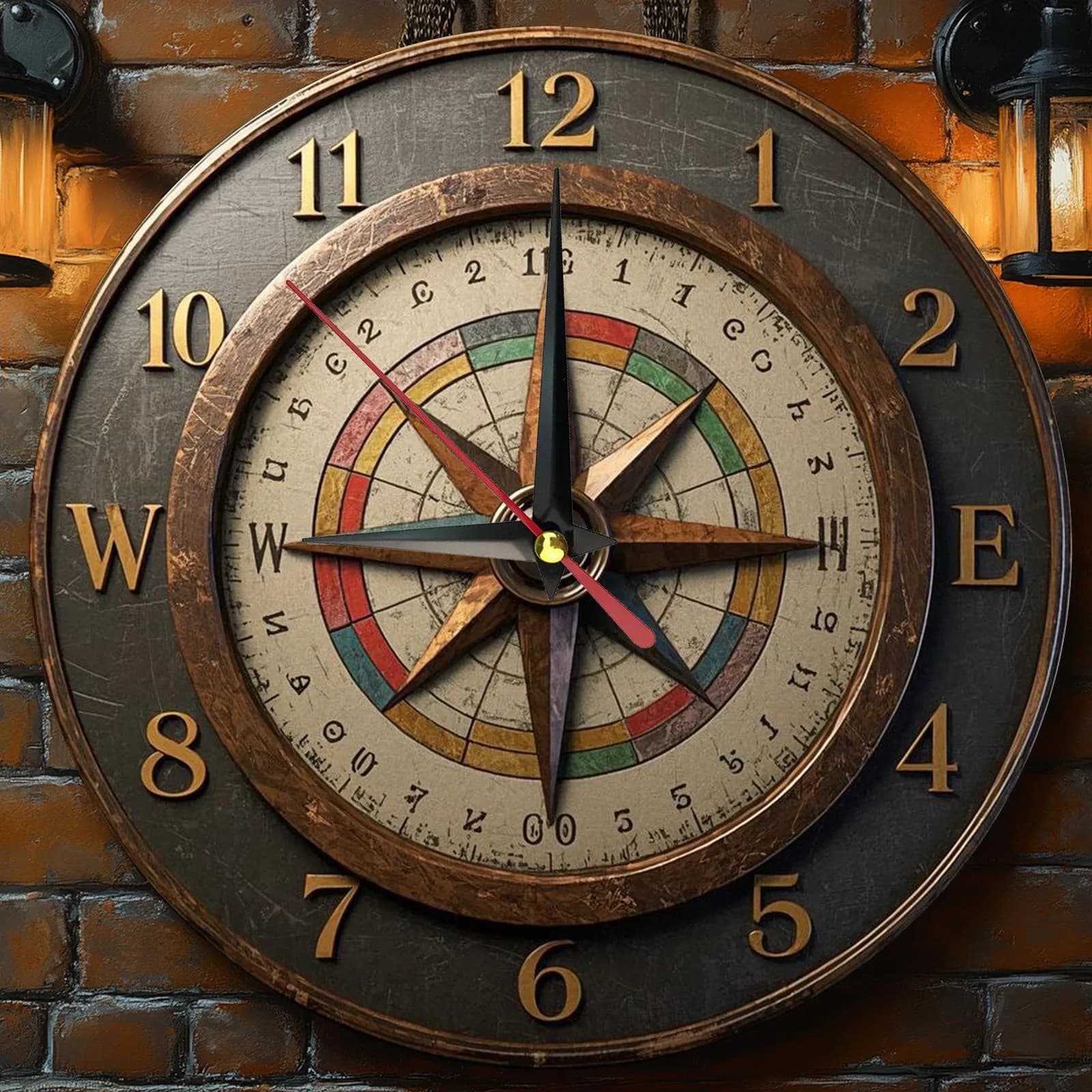 Rustic wooden wall clock with compass design. Ideal for home and office furniture. It works with AA batteries.