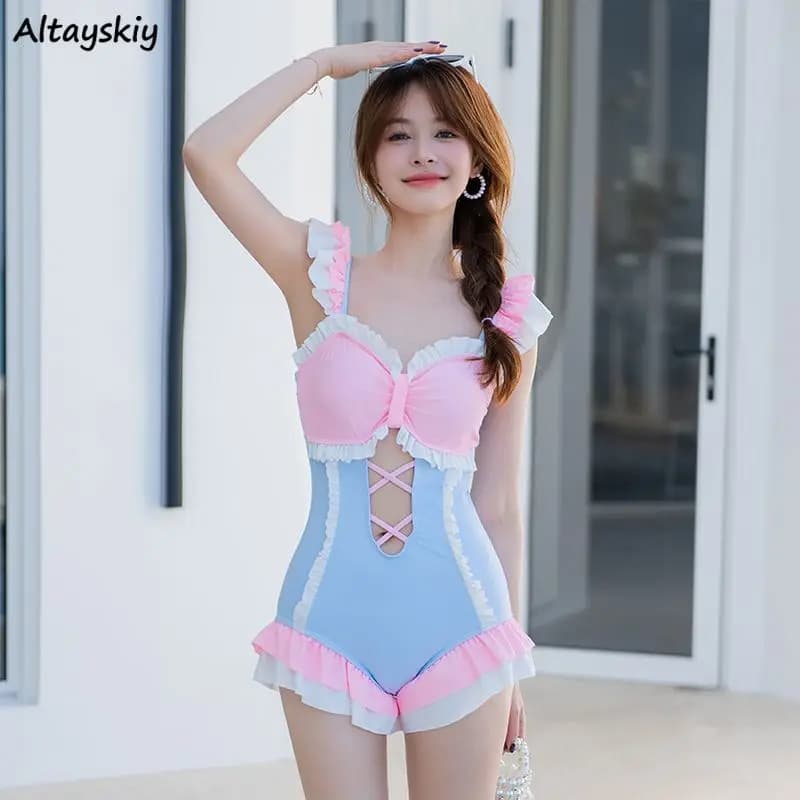 Covers-ups swimsuit with foant curled by woman Summer One piece Cute Girls conservative students beach dresses with Korean fashion panels