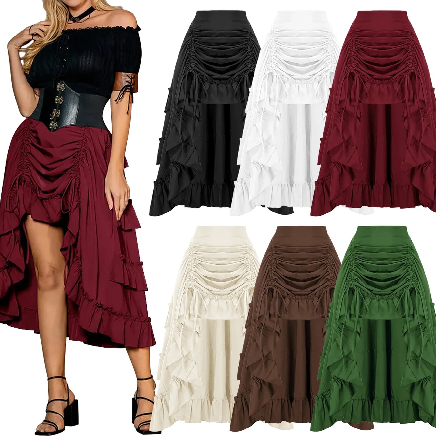 Gonna vittoriana lunga a vita alta con volant Gonne Steampunk Abbigliamento da festa da donna Abiti vintage gotici Costume medievale sexy