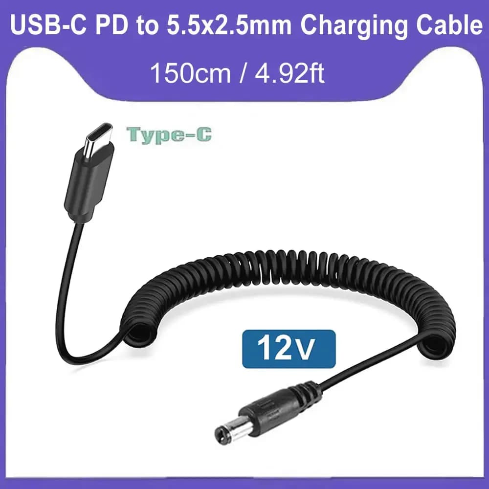 Cavo di alimentazione da USB C a CC 5,5 mm x 2,5 mm, ingresso USB tipo C PD a uscita CC 12 V 3 A, per ricarica esterna, studio e viaggi