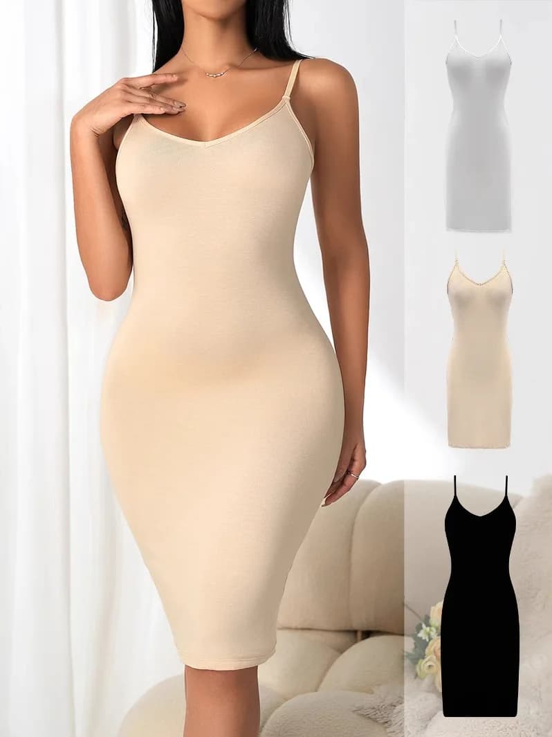 Color V-neck Tight Strap Dress Street Style High Waist Knitted Polyester Summer Casual Women's Slim Fit Gown