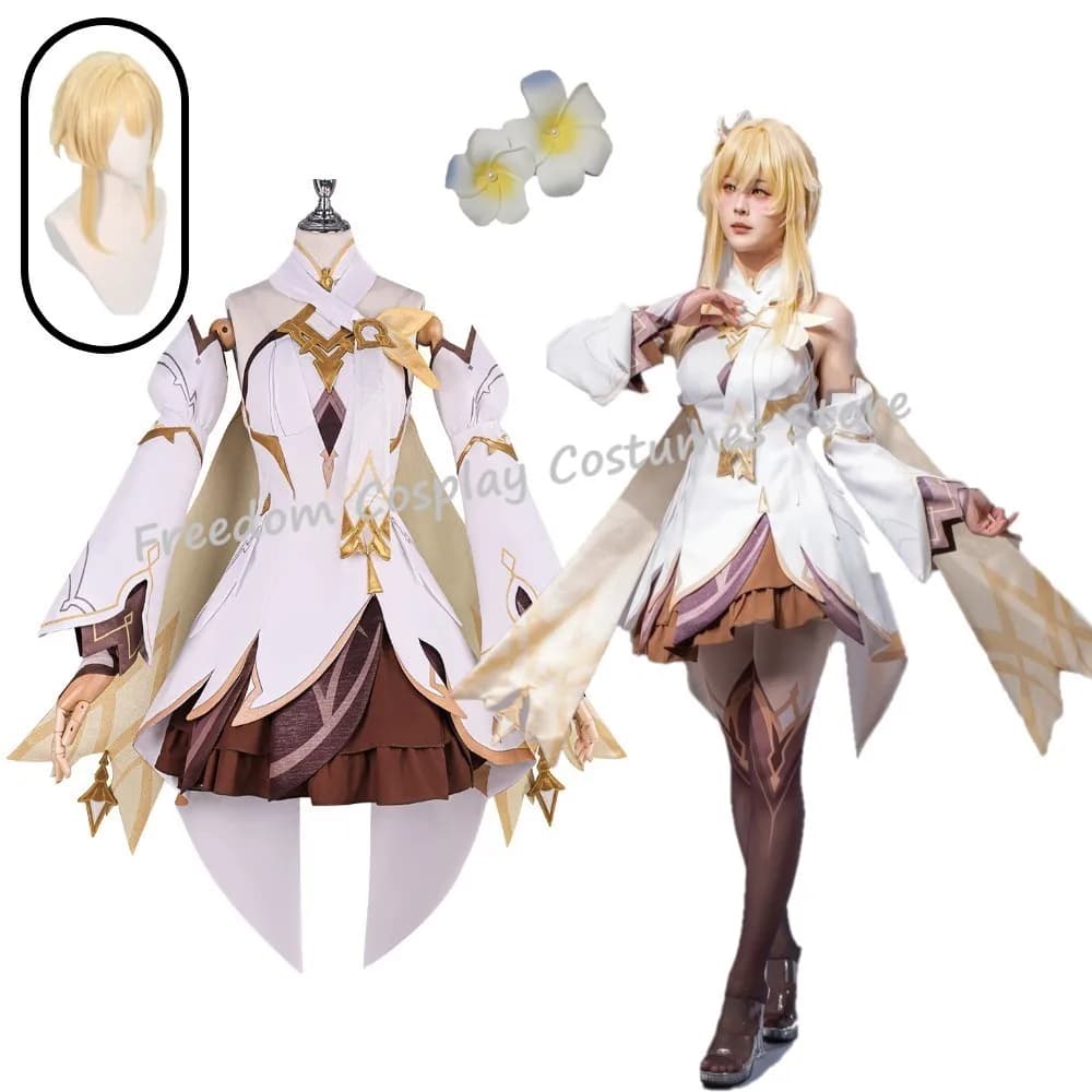 Costume Cosplay Game Impact Traveler Nuova Skin Lumine con Parrucca, Copricapo e Vestito Completo per Halloween e Feste in Maschera