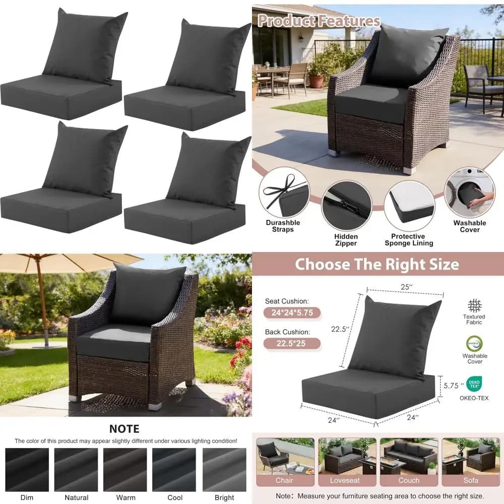 Set di cuscini profondi per esterni 24x24 pollici, resistenti all'acqua e allo sbiadimento, con fodere rimovibili, set da 4, colore grigio per divano