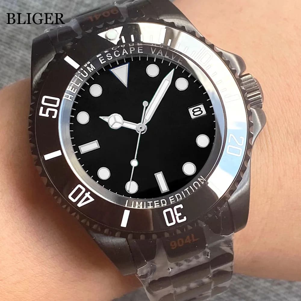 Tandorio Cassa in PVD nero 43mm Orologio meccanico da uomo Lunetta girevole Inserto in ceramica 24 gioielli Giappone NH35A PT5000 Cinturino in acciaio