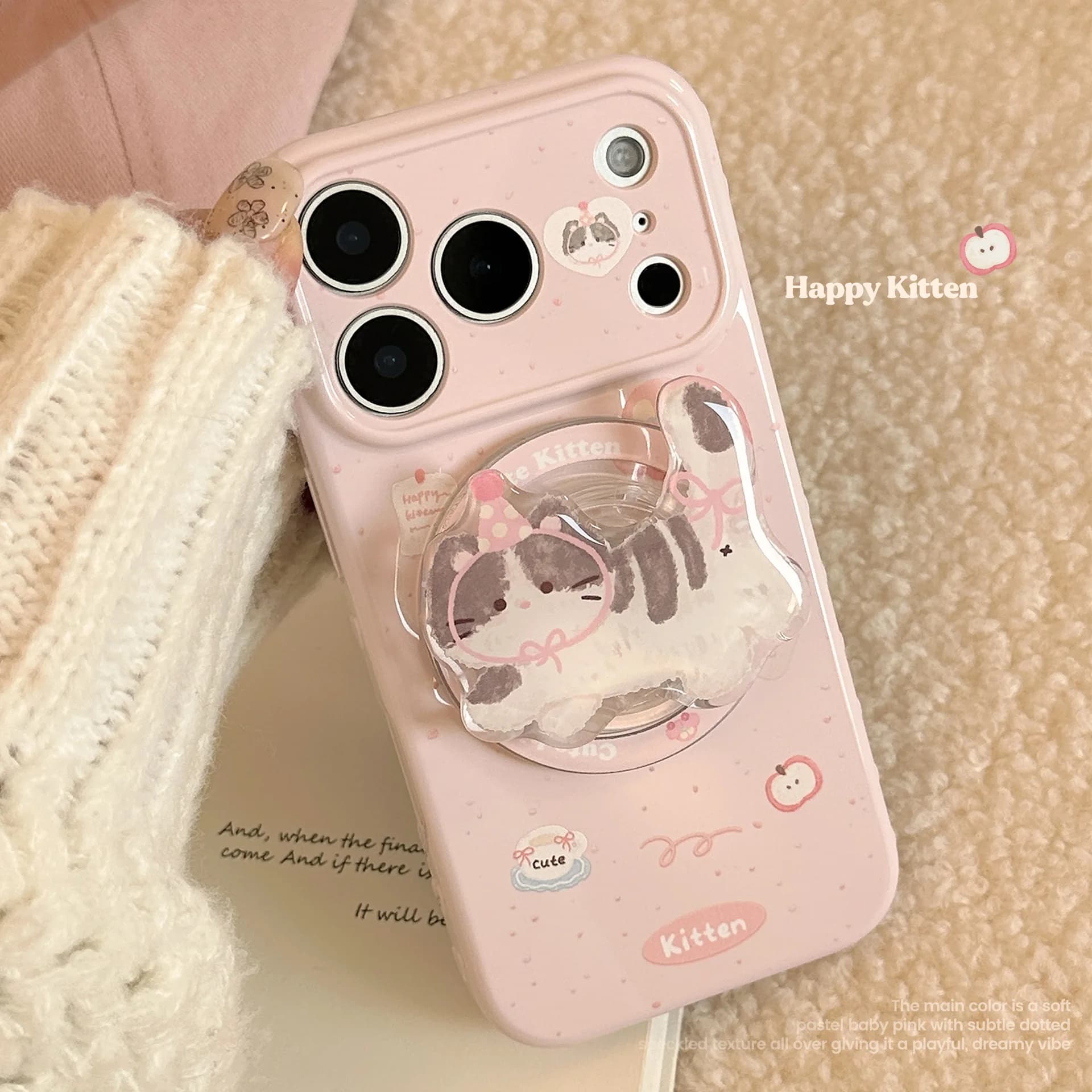 Custodia per telefono antiurto morbida con supporto magnetico a forma di gattino cartone animato coreano rosa a pois per iPhone 17 16 15 14 13 12 Pro Max