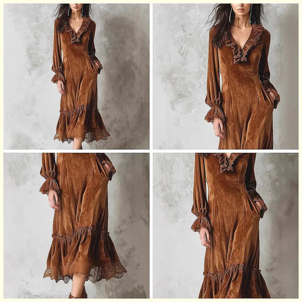 Vintage Long Dress in Velvet with V-neck, Volant and Lace, Elegant Party Dress