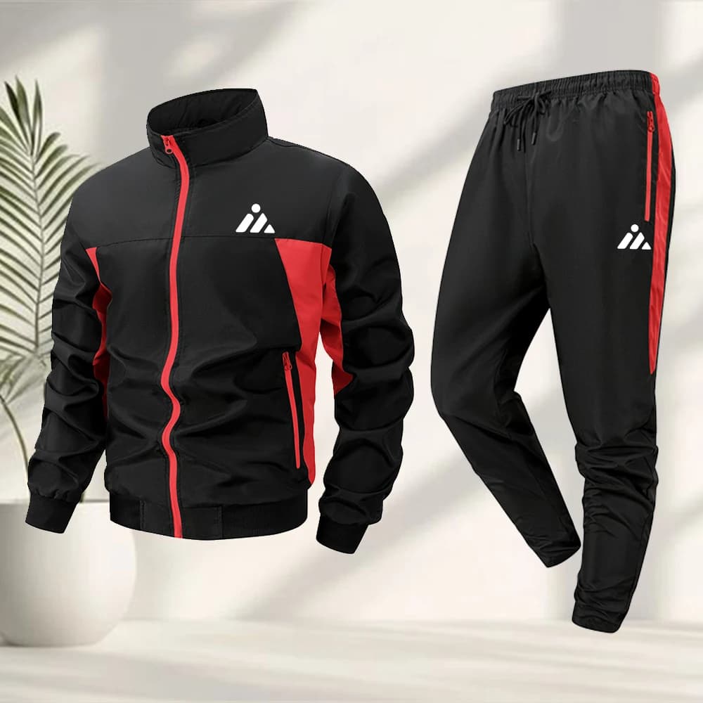 Completo sportivo casual da uomo con stampa triangolare creativa, giacca con cerniera e pantaloni, ideale per fitness estivo, ciclismo, attività all'aperto e pendolarismo.