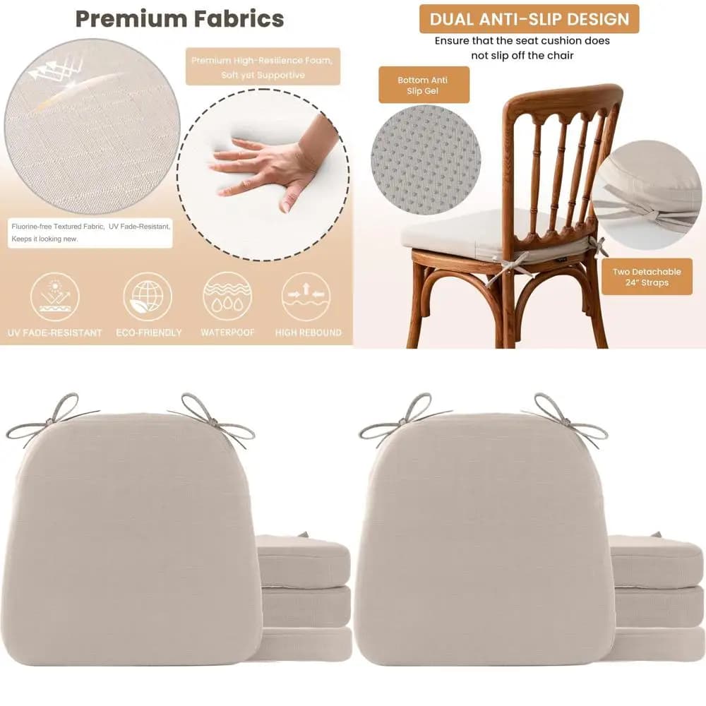 Set di 4 cuscini antiscivolo per sedie da pranzo per interni/esterni con fodere rimovibili, 16x16x2, Beige