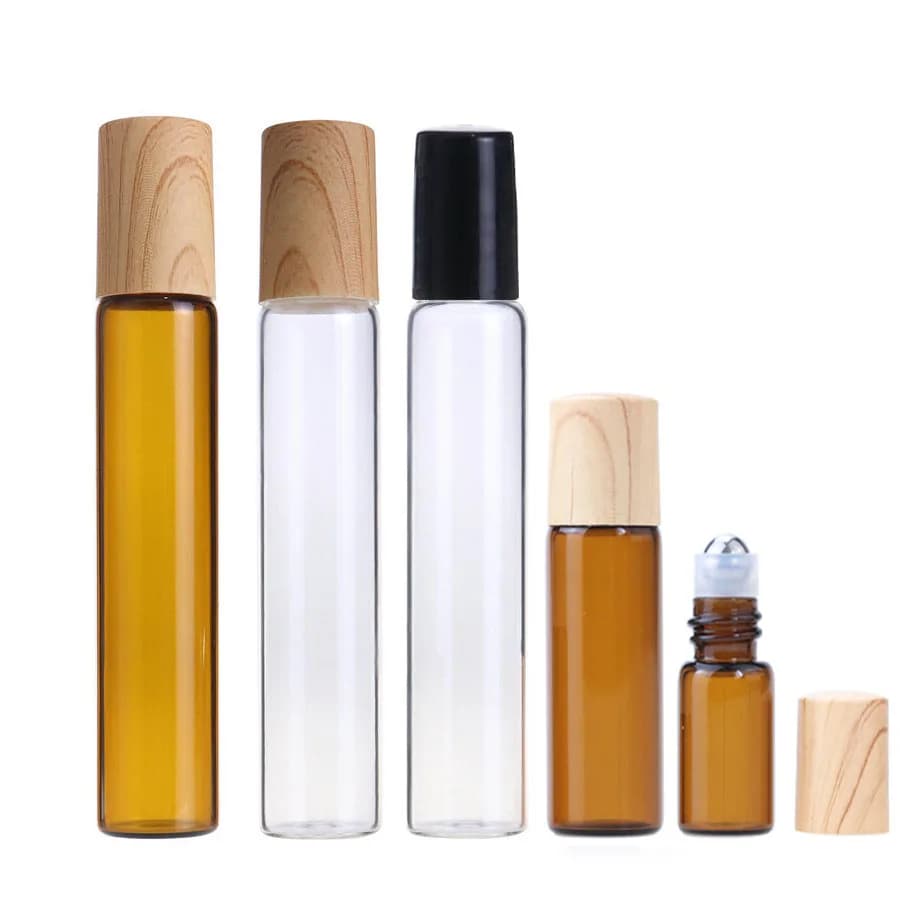 5PCS Bottiglie a rulli per oli essenziali in vetro 1/2/3/5/10ml Ambra / Trasparente Roll on Fiale Tappi in plastica Coperchi Profumo Riutilizzabile portatile