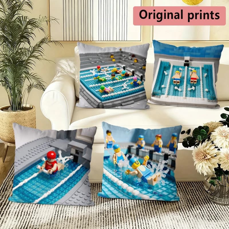 Fodere per cuscini con stampa stile LEGO a tema piscina, adatte per divano, camera da letto, auto