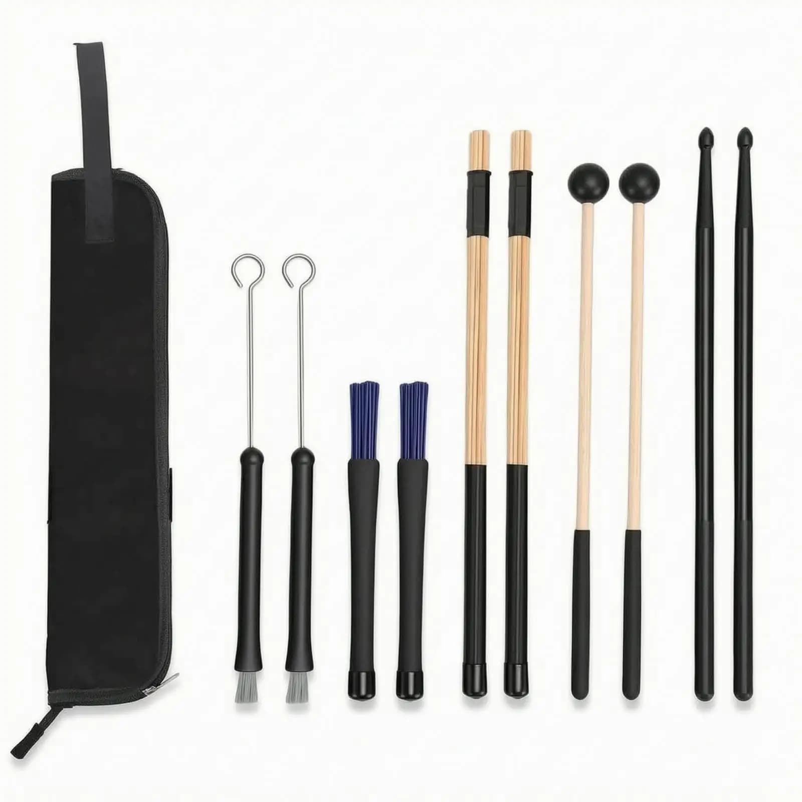 Drumstick Bundle with Textured Drum Brushes Soft Mallets and Drumstick Case for Drum Pads and Acoustic Drum Kit