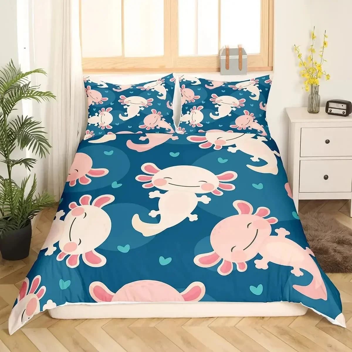 Cartoon Axolotl Duvet Cover Set KingQueen Size Kids Girls Boys Cute Rainbow Sea Wildlife Animal Reptile Polyester Bedding Set