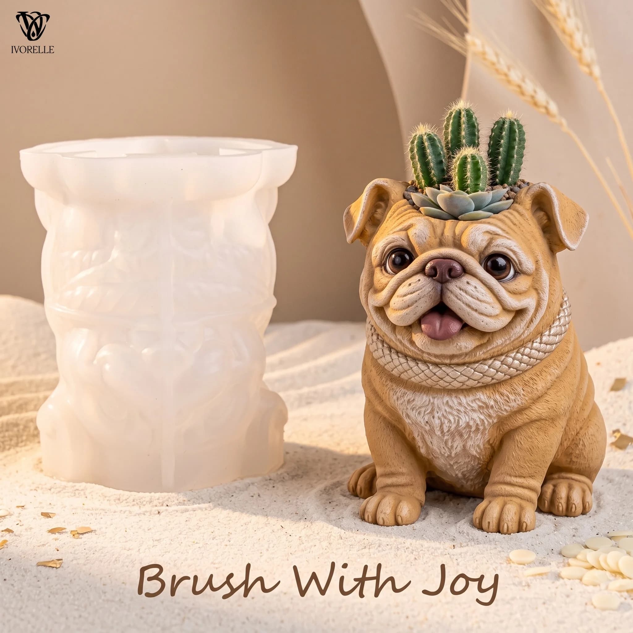 IVORELLE Pug Dog Jar Silicone Mold Braided Collar For Plaster Gypsum Resin Planter Jewelry Box Flower Vase DIY Home Decor