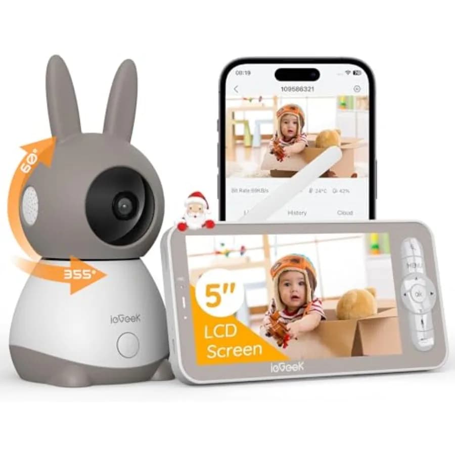 Baby Monitor with 2K HD Resolution, Pan-Tilt-Zoom Camera, 5'' LCD Screen App Control, Night Vision, Cry and Motion Detection, T