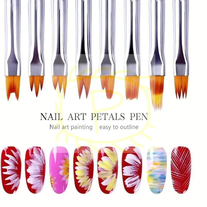 8 pezzi set sfumato obliquo sbavature per unghie disegno di fiori penna a dente di sega multifunzionale mix forma petalo pittura gel pennello per nail art