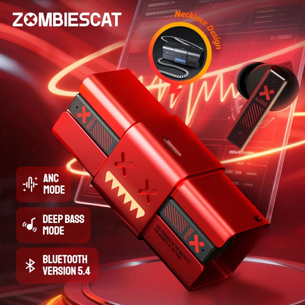 Zombie Cat -45dB ANC Bluetooth Earphone Deep Bass Active Noise Reduction Headphones Sport Bluetooth 5.4 Earbuds with Necklace