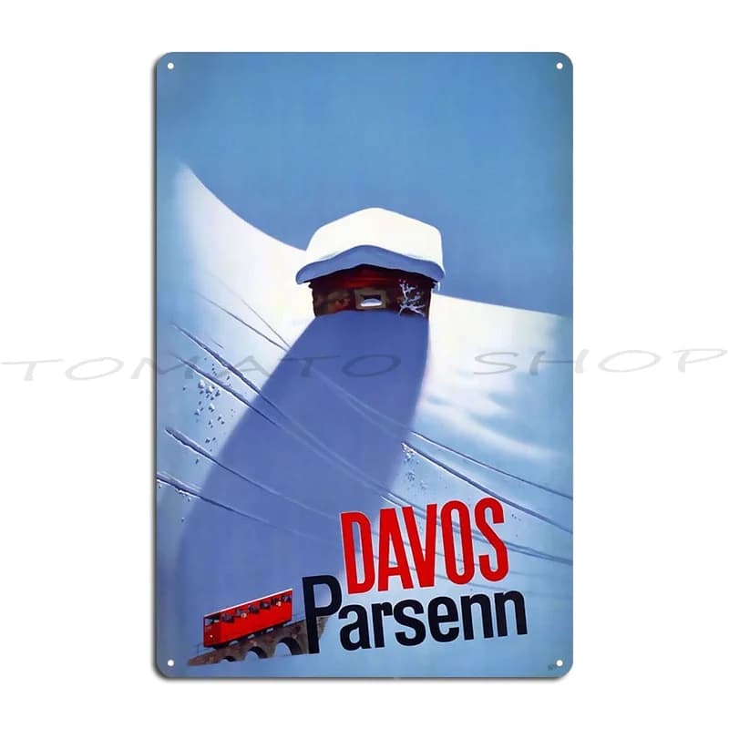 Inverno a Davos: Vintage, Pattinaggio sul ghiaccio, Viaggio, Circa 1914 - Targa in metallo, Poster da parete, Stampa per pub, cave, club, Insegna in latta