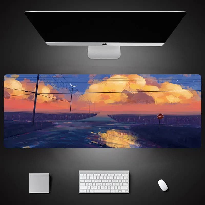 Tappetino per mouse con paesaggio animato, grande, per computer, ufficio, studio, con supporto per polso, tappetino per tastiera da scrivania