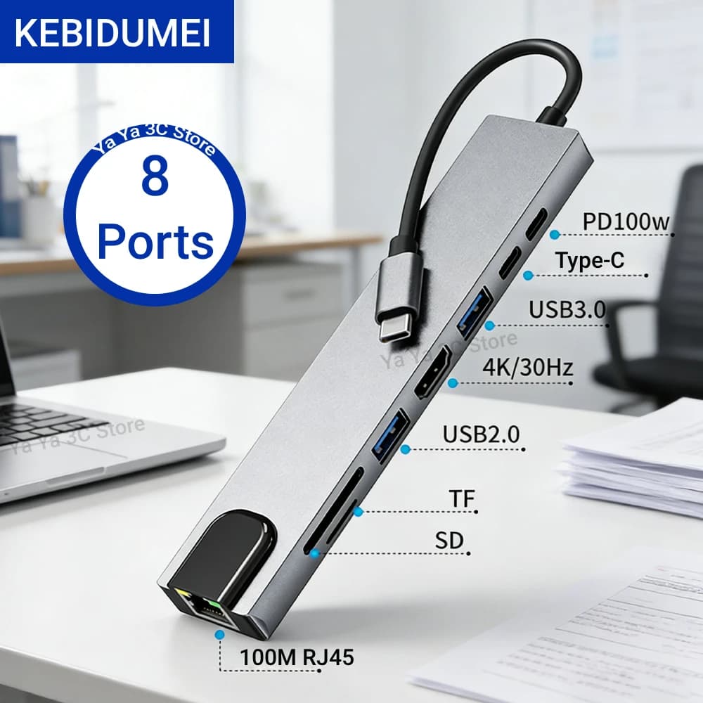 KEBIDUMEI Hub USB C 8-IN-1 Tipo C 3.1 con adattatore 4K HDTV, lettore di schede RJ45 SD/TF e ricarica rapida PD per MacBook, notebook e laptop