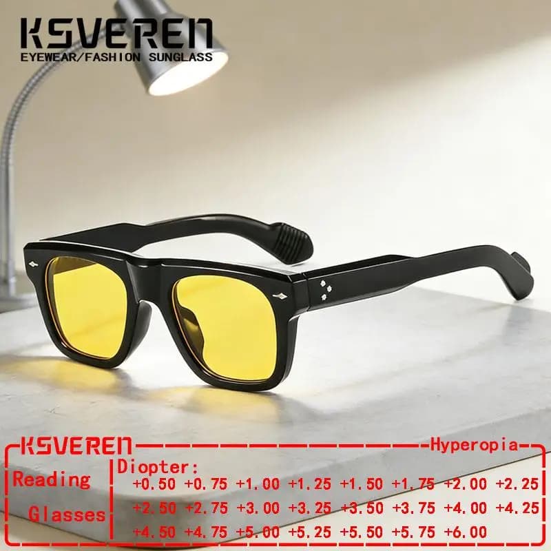 Occhiali da sole da lettura con lenti gialle quadrate per uomo Occhiali da presbite classici colorati da vista Occhiali da sole con ombra per esterni Lettori