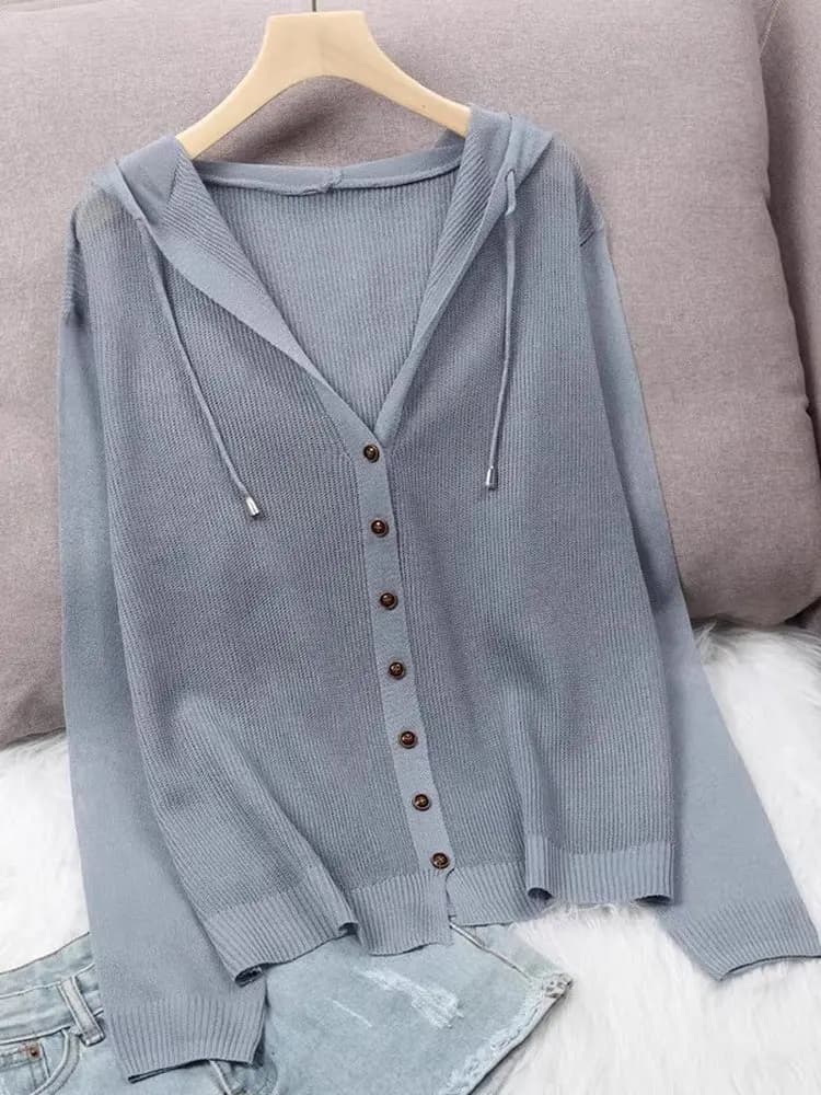 Summer 2026 New Ice Silk Knitted Open Cardigan Women's Hooded Top Thin Hollow Short Sun Protection Outerwear Korean Style Loo...