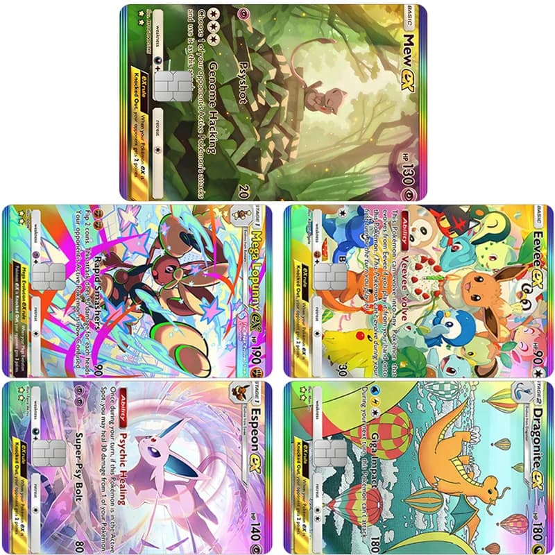 PTCG Dragonite Credit Card Sticker Mew GX Mega Lopunny Eevee Espeon Cards Skin Decoration Gengar Decals Id Documents Patch Gift