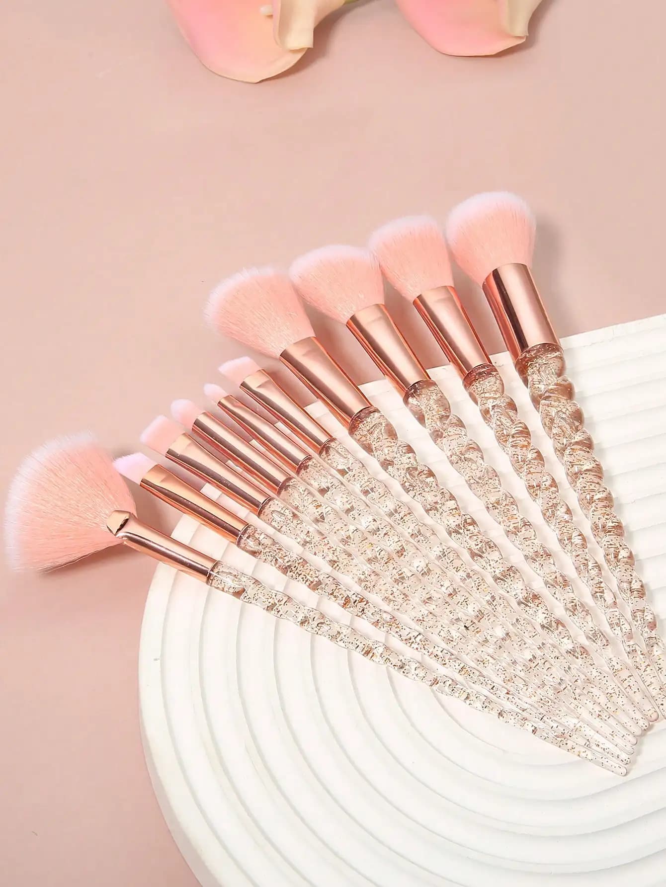 Set di pennelli per il trucco da 10 pezzi con custodia rosa, con pennelli con manico in cristallo - Manico a spirale, strumento per eyeliner ultrasottile, polvere, contorno, fard, illuminante, ombretto, sopracciglia, pennelli per labbra, kit da viaggio portatile