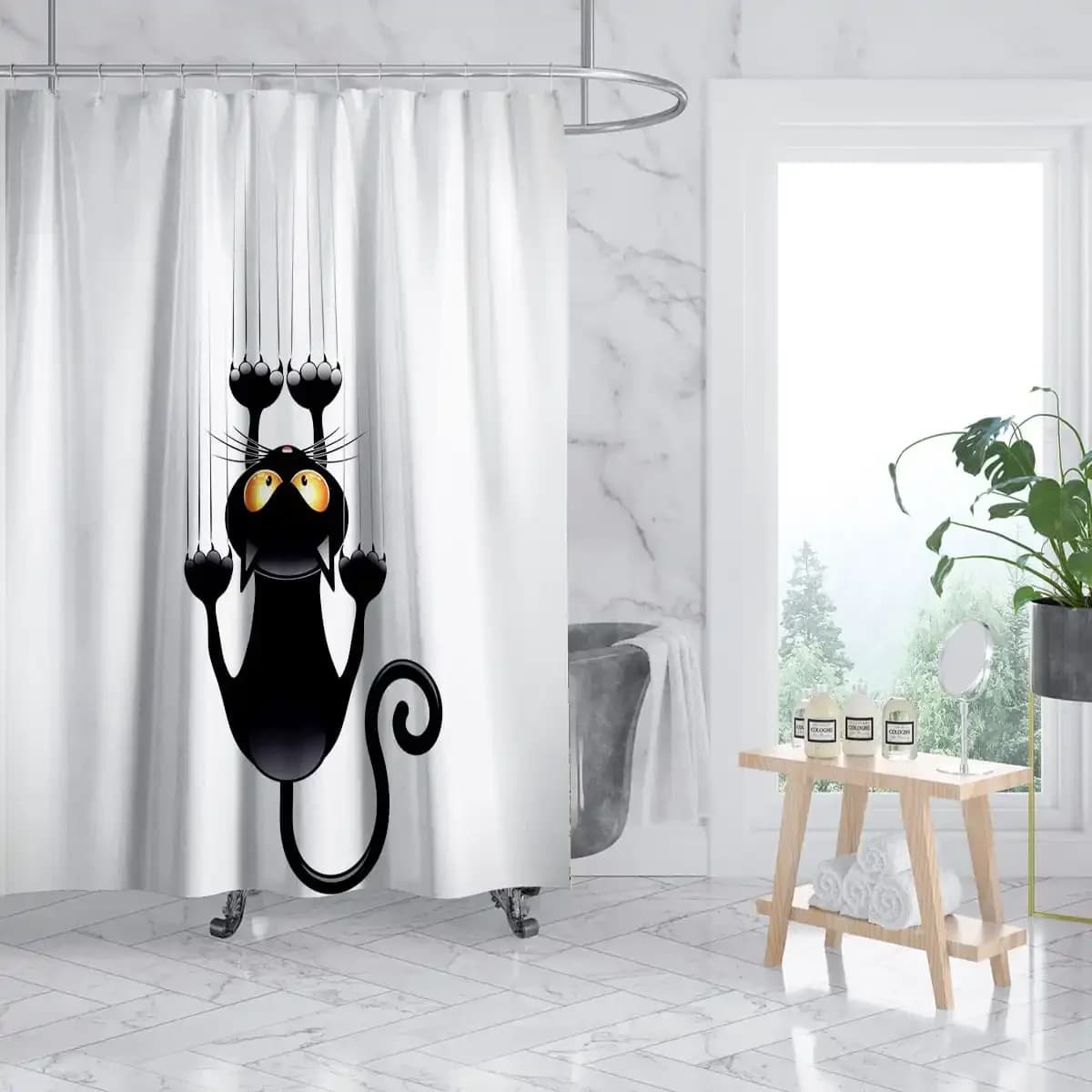 Tenda da doccia per gatti dei cartoni animati Tenda da bagno Tenda da bagno in poliestere impermeabile per bambini con ganci Animale Nero Bianco Decorazioni per la casa