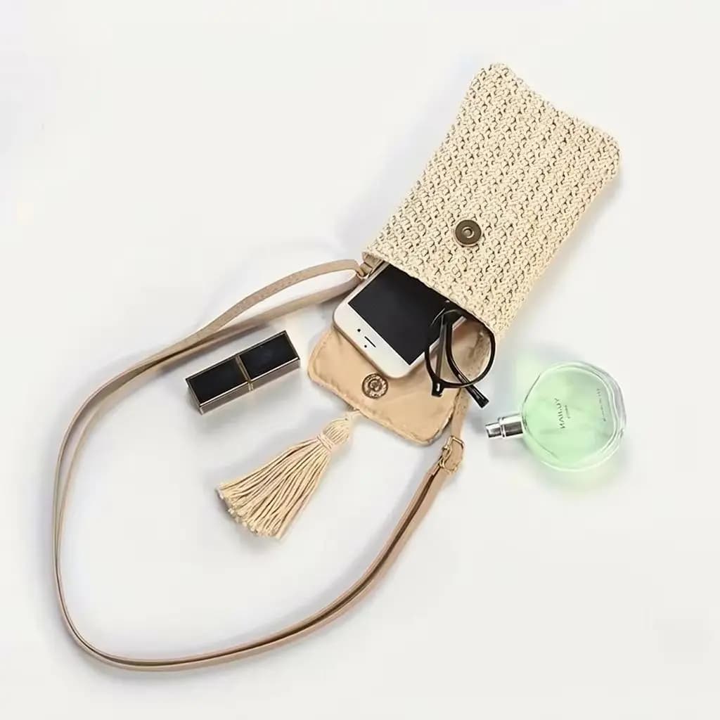 Straw Crossbody Bag Women Mini Woven Shoulder Phone Purse Tassel Boho Summer Beach Holiday Bag Small Messenger Pouch Casual