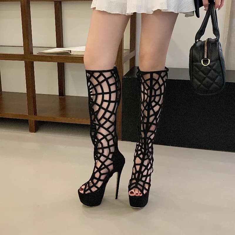 Aneikeh Moda Open-toe Scava Fuori Sandali con plateau Stivaletti lunghi Tacchi ultra alti Stivali al ginocchio Lady Banchetto Party Dress Shoes