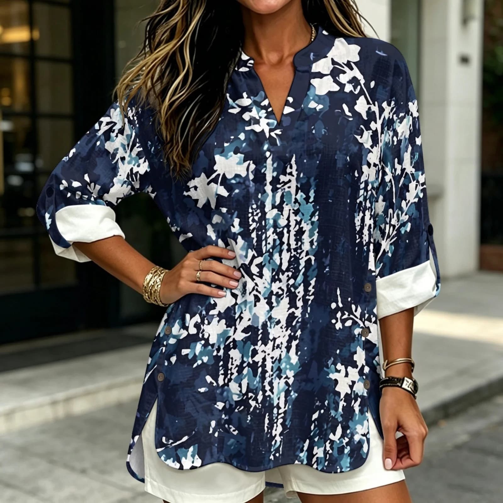 PENSTROLL Blue Floral Print Linen Like Tunic Top Curved Hem Casual Loose Fit Blouses for Resort Sizes S-5XL