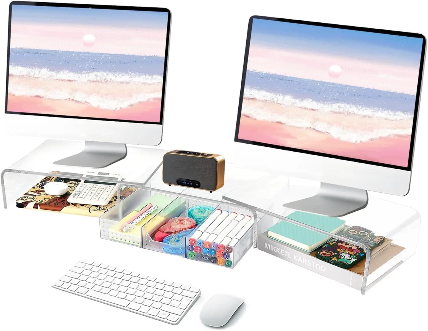Support for Double Transparent Acrylic Monitor with Drawer, Adjustable Desk Relay for Office Organization and Storage