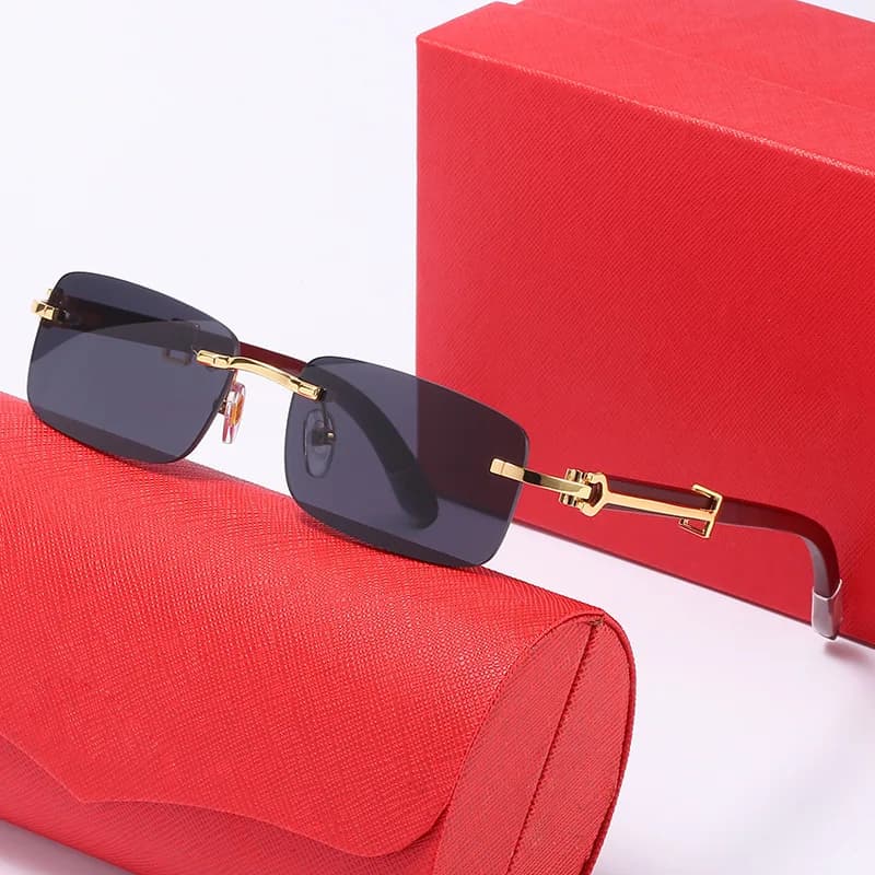 Occhiali da sole con tempio in legno senza montatura con decorazioni dorate Designer di occhiali da sole alla moda europei americani con fionda quadrata unisex
