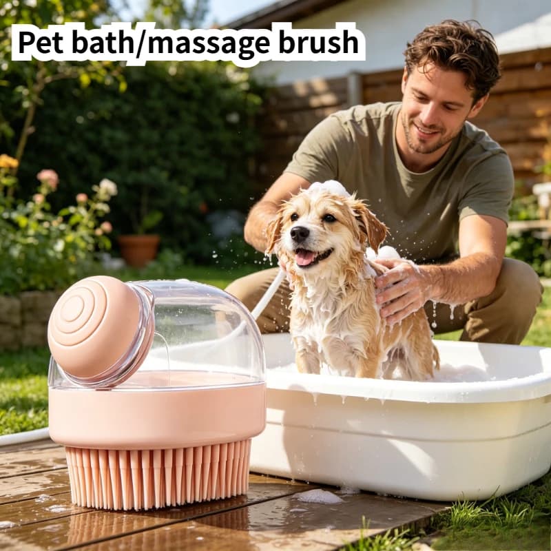 Pet Bath Brush Soft Silicone Massage Grooming Brush with Shampoo Dispenser for Cats Dogs Foaming Bath Scrubber Pet Bathing