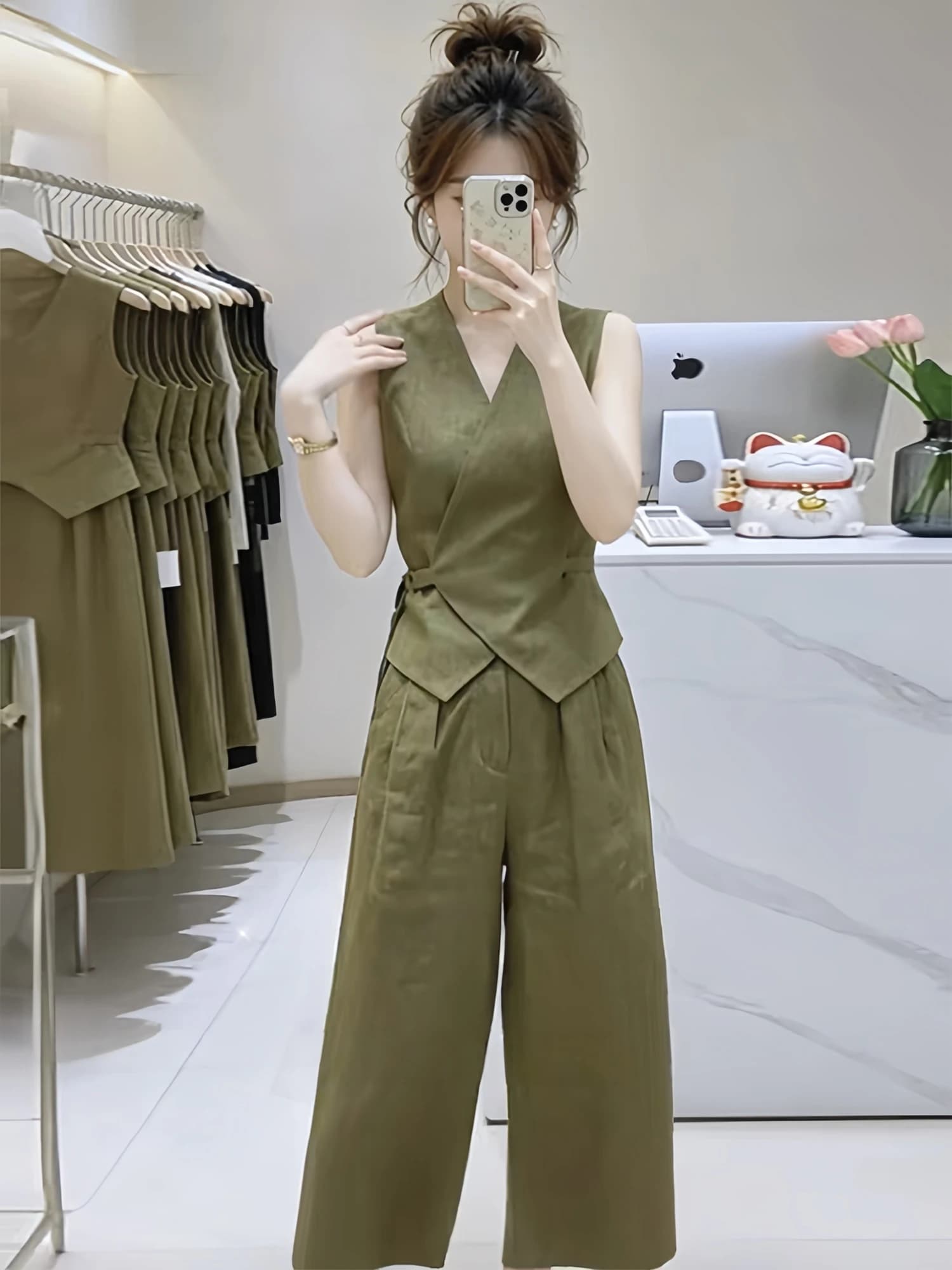 Summer New Style Casual Money Look Two-Piece Women's Set Belted Vest High Waist Long Pants Fashionable V-Neck Sleeveless Outfit