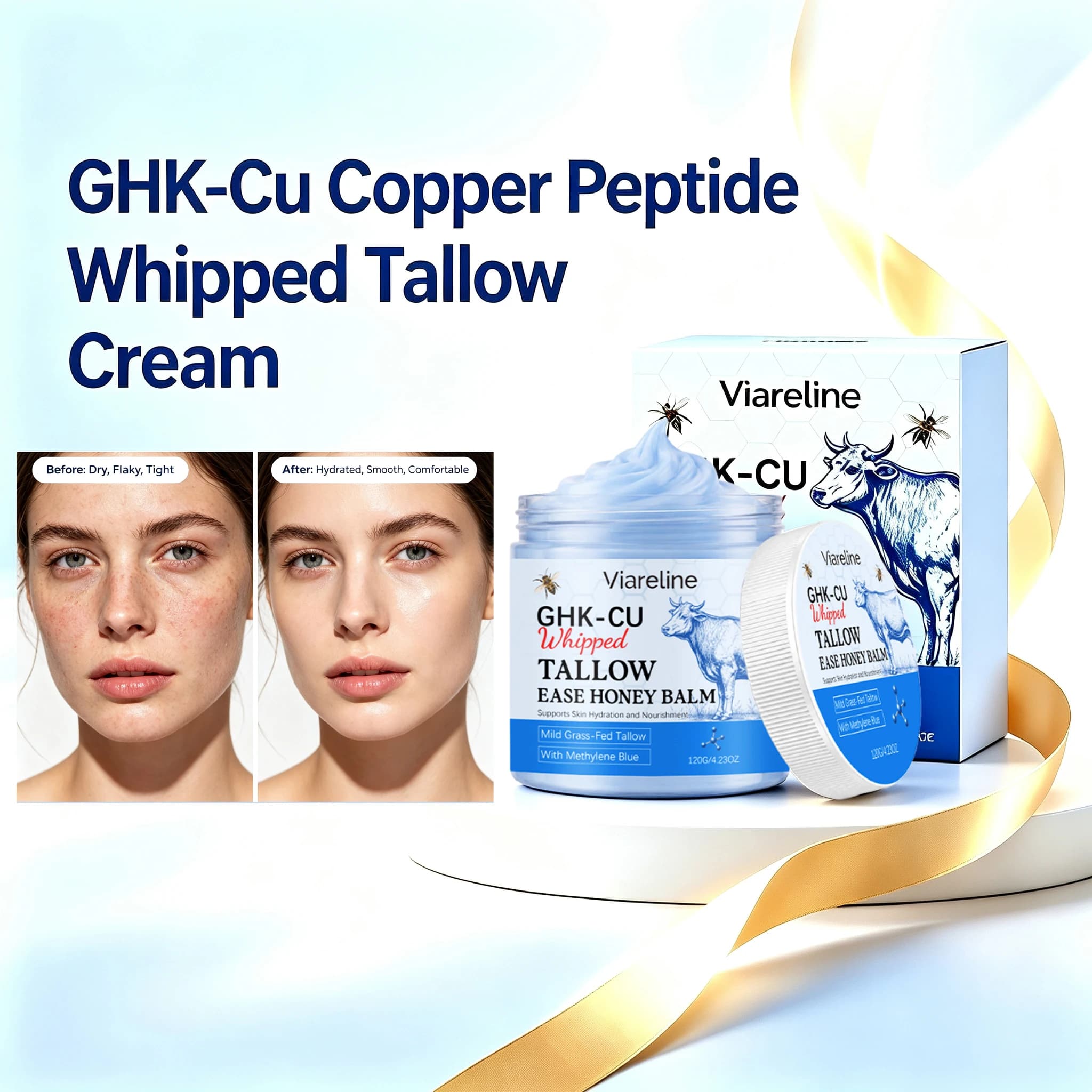 Grass Fed Beef Tallow Balm with GHK-Cu Copper Peptide Whipped Moisturizer for Dry Sensitive Skin Barrier Repair Relief Cream
