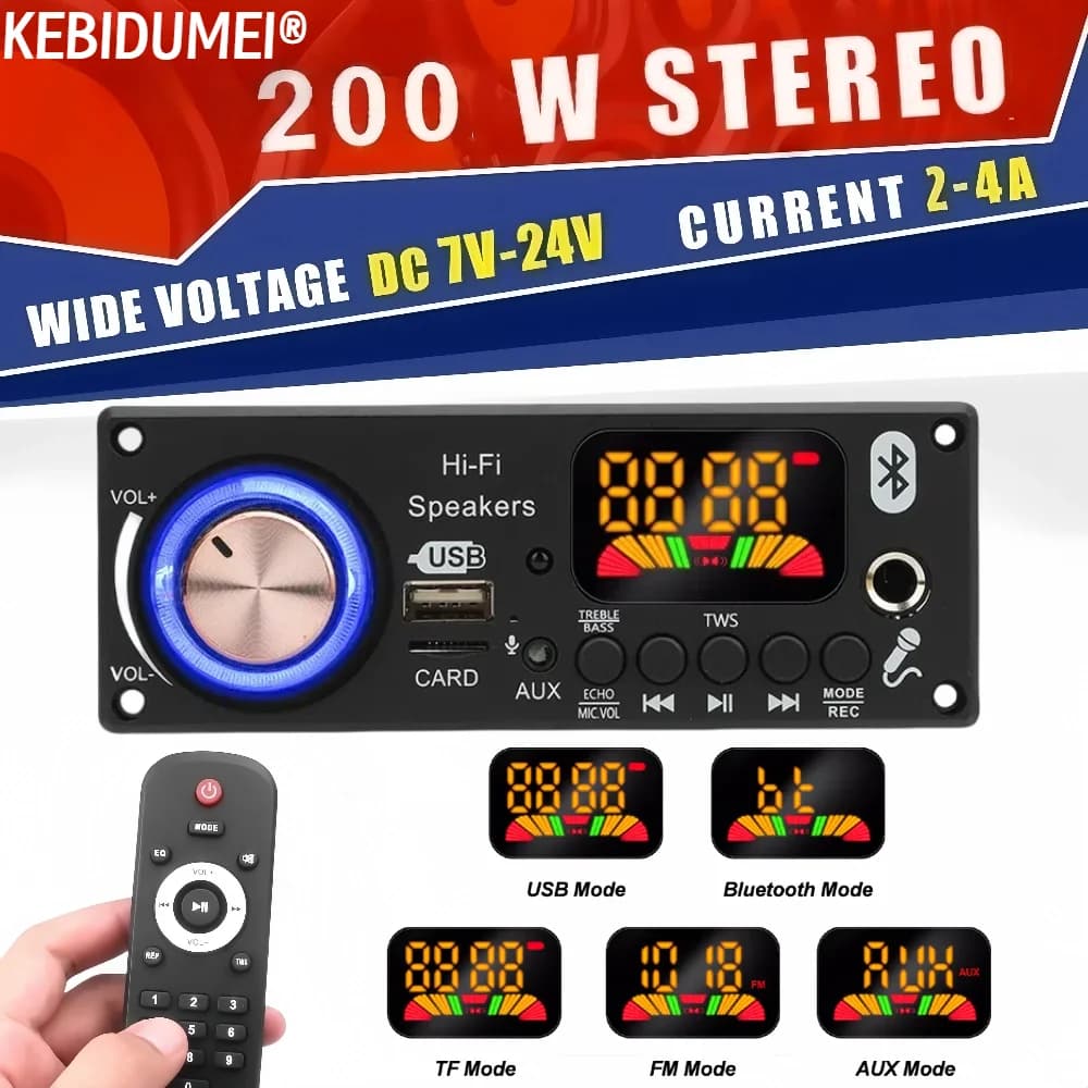 200W Amplificatore FAI DA TE Bluetooth 5.3 Scheda di Decodifica MP3 12V 6.5mm Microfono FM TF USB Car Audio Lettore Musicale Altoparlante Controllo del Volume