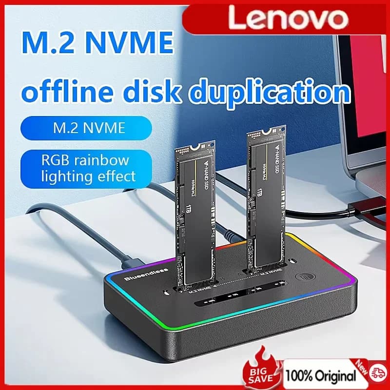 Case SSD Lenovo Dual Protocol M.2 con funzione clone offline, docking station Type-C 10Gbps per SSD PCIe NVMe o SATA a 2 bay.