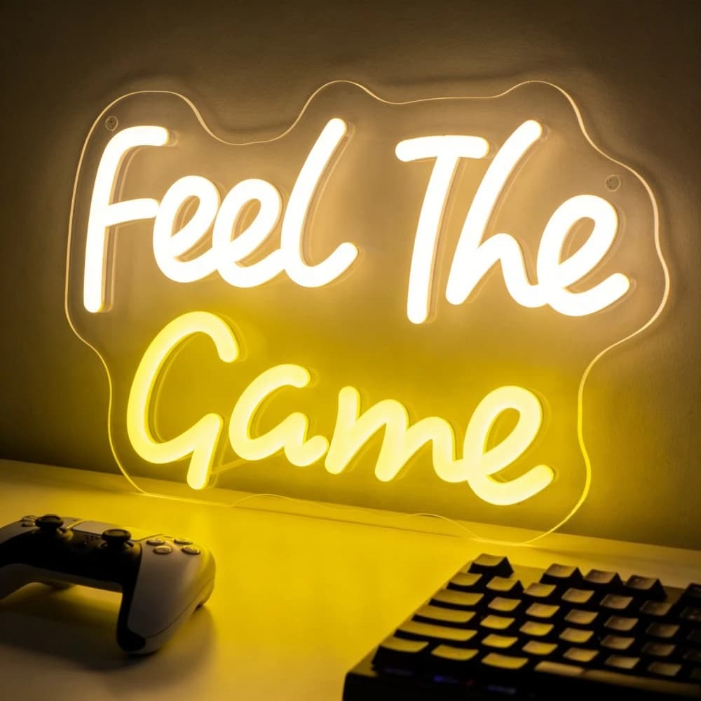 Insegna al Neon 'Feel The Game' - Decorazione LED da Parete per Sala Giochi, Setup PC, Camera da Letto - Atmosfera Immersiva per Gamer, Illuminazione Gialla Calda - Regalo