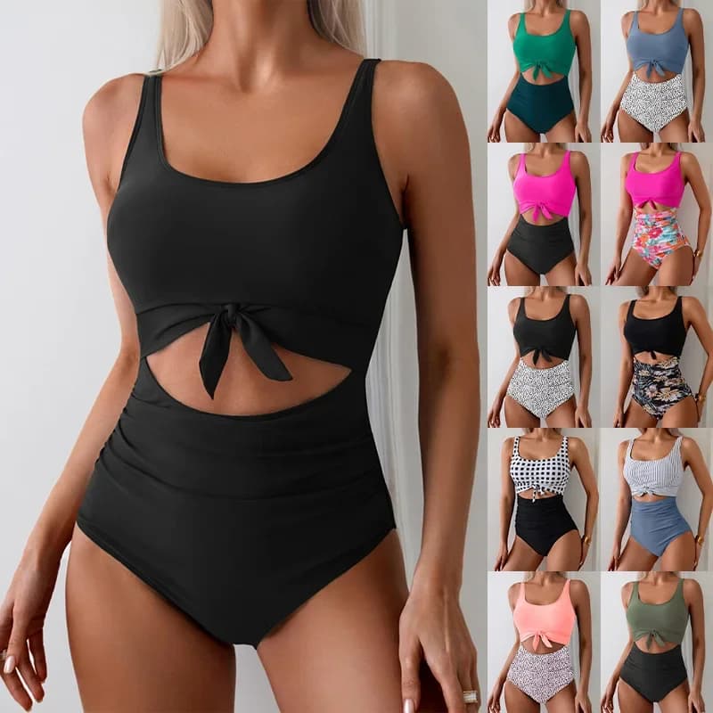 2026 European beautiful women's one-piece swimsuit belly slim swimsuit hollow lace-up swimsuit